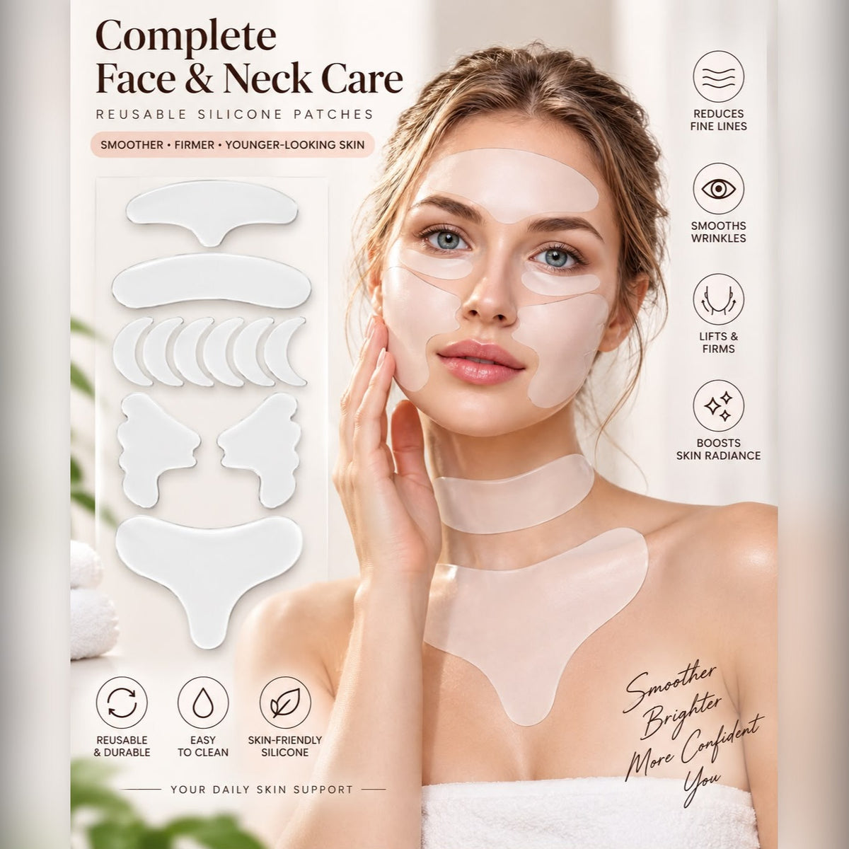 Complete face and neck care with silicone patches