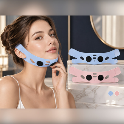 Woman relaxing while wearing the V-Shape face lifting wrap