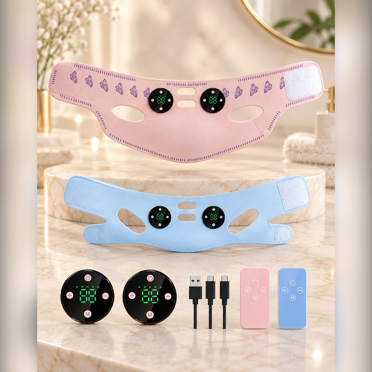 V-Shape lifting wrap in pink and blue with charging accessories