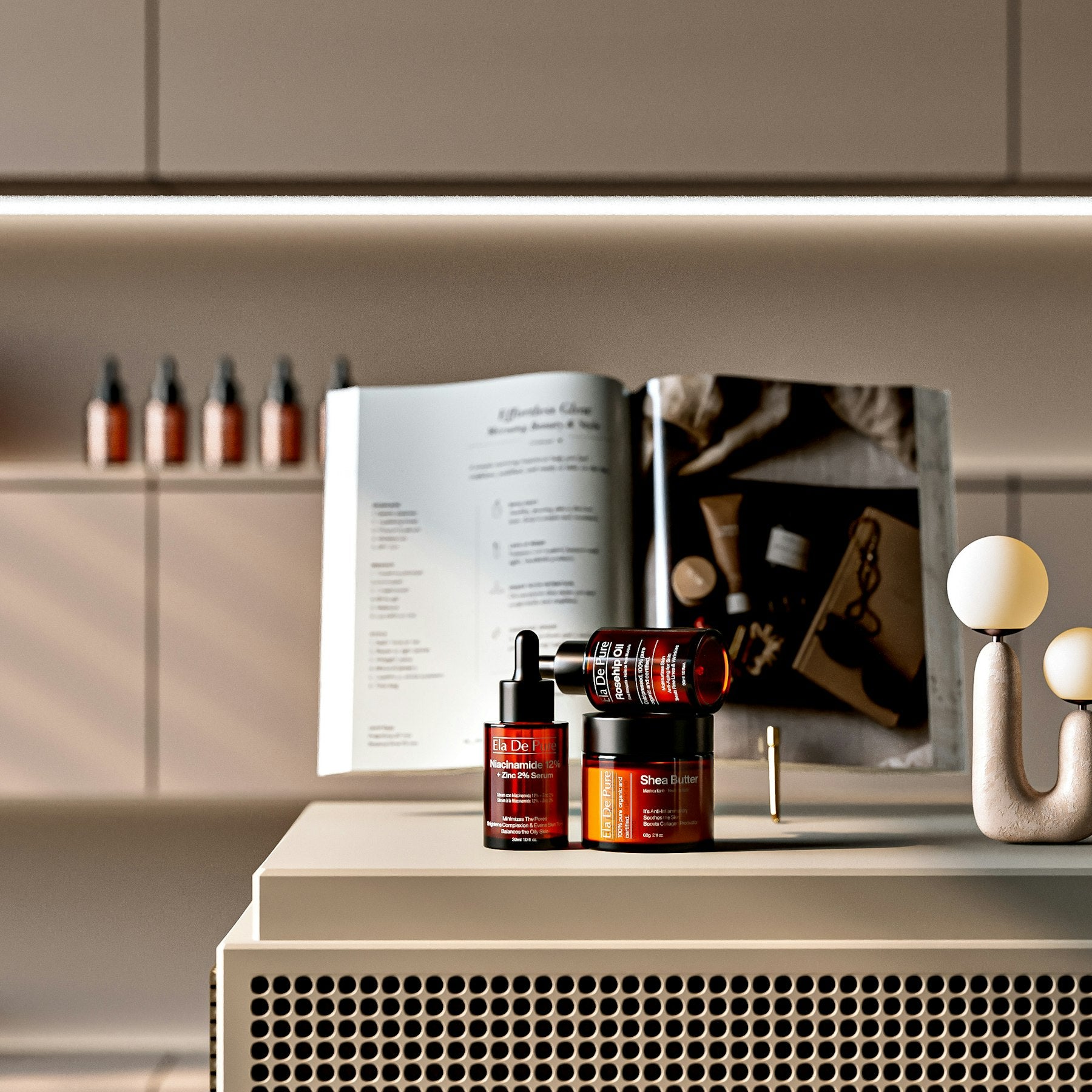 Elegant minimalist skincare banner in warm neutral tones