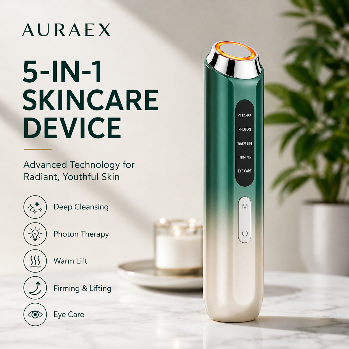 Auraex 5-in-1 LED Light Therapy & Microcurrent Facial Wand