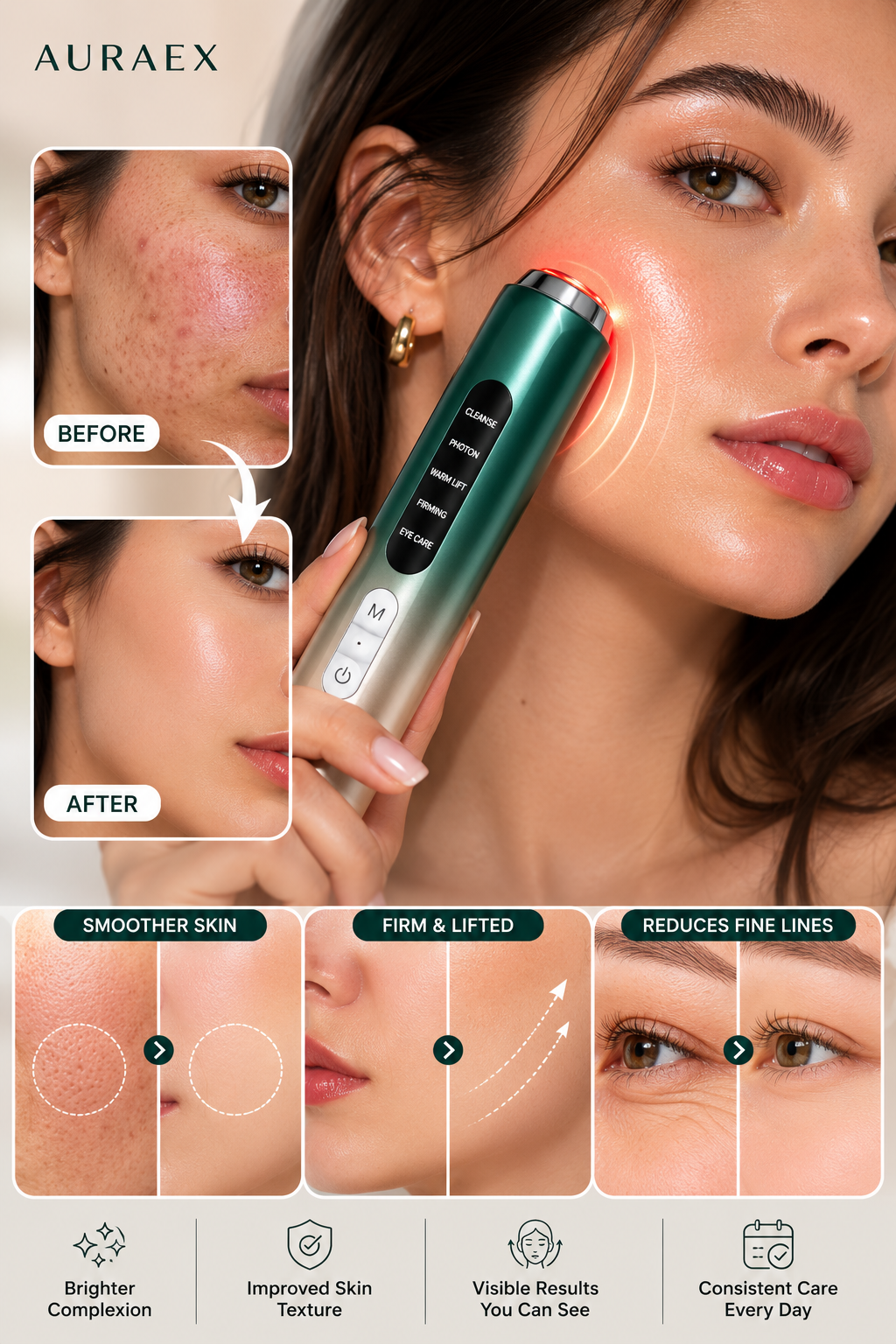 Auraex 5-in-1 LED Light Therapy & Microcurrent Facial Wand