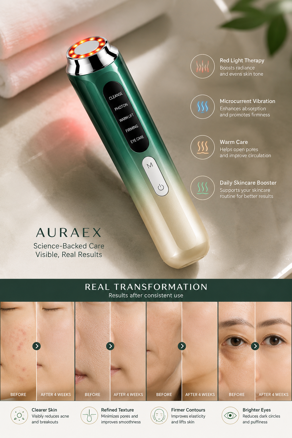 Auraex 5-in-1 LED Light Therapy & Microcurrent Facial Wand